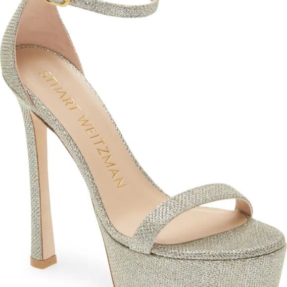 Stuart Weitzman Nudistcurve Hollywood Platform Sandal in Platino - Picture 1 of 5